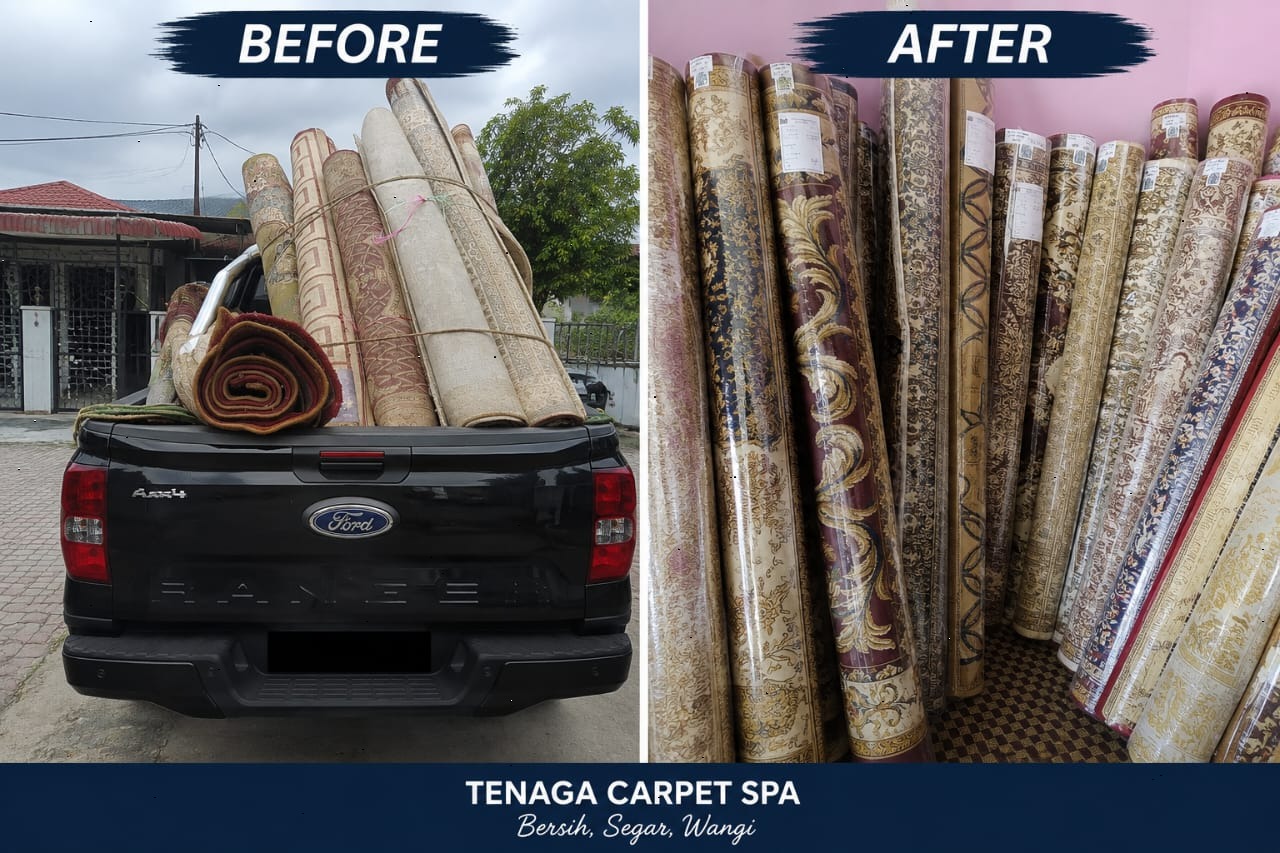 Perbandingan before dan after hasil cucian Tenaga Carpet Spa